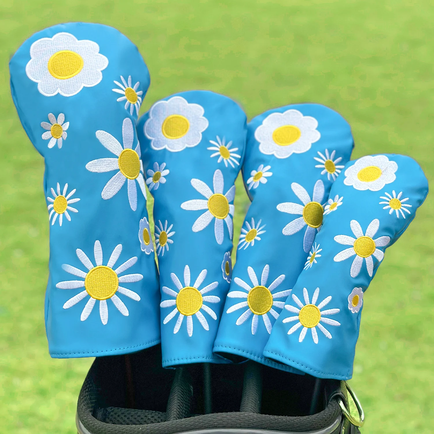 1/4 Pcs Dark Blue Golf Wood Head Cover, Daisy Sunflower Floral Pattern, Club Protector, Fits Driver / Fairway Wood / Hybrid