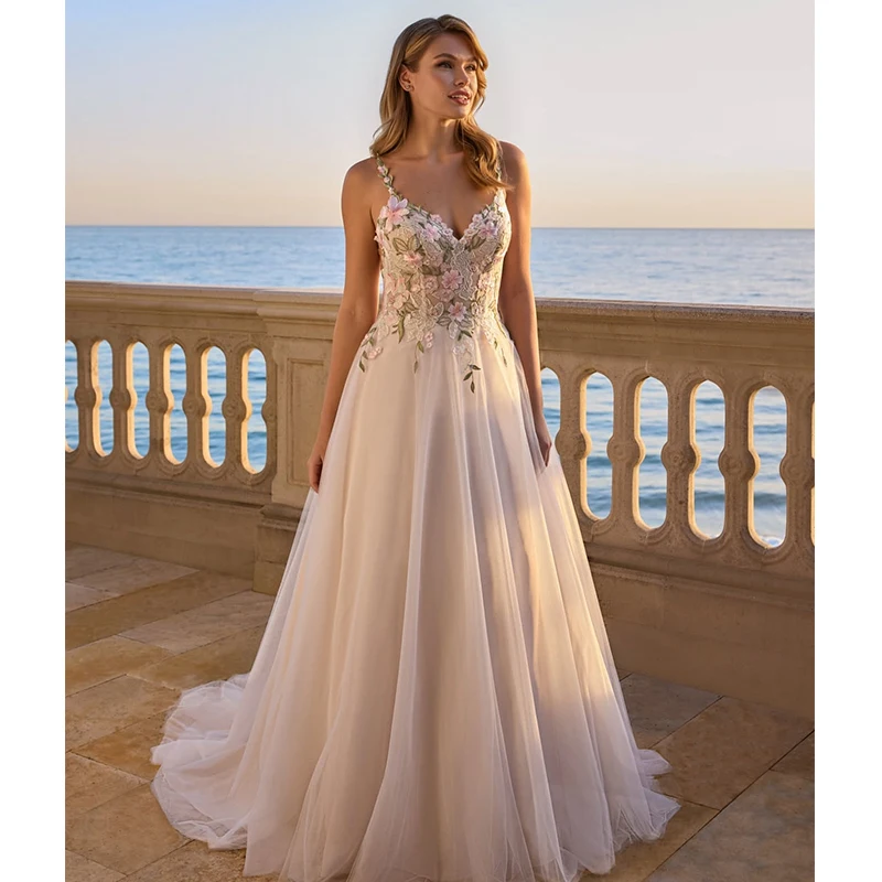 

Graceful Wedding Dress Organza With Embroidery Lace A-Line Ball Gown Full Sleeve V-Neck Customized Bride Button Vestido De Novia