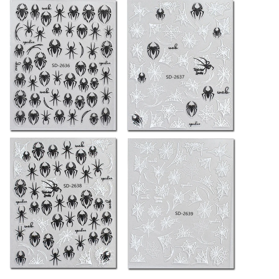 4pcs 5d Emboss Nail Art Stickers Black Spiders White Cobwebs Decals For Manicure Tips Accessories