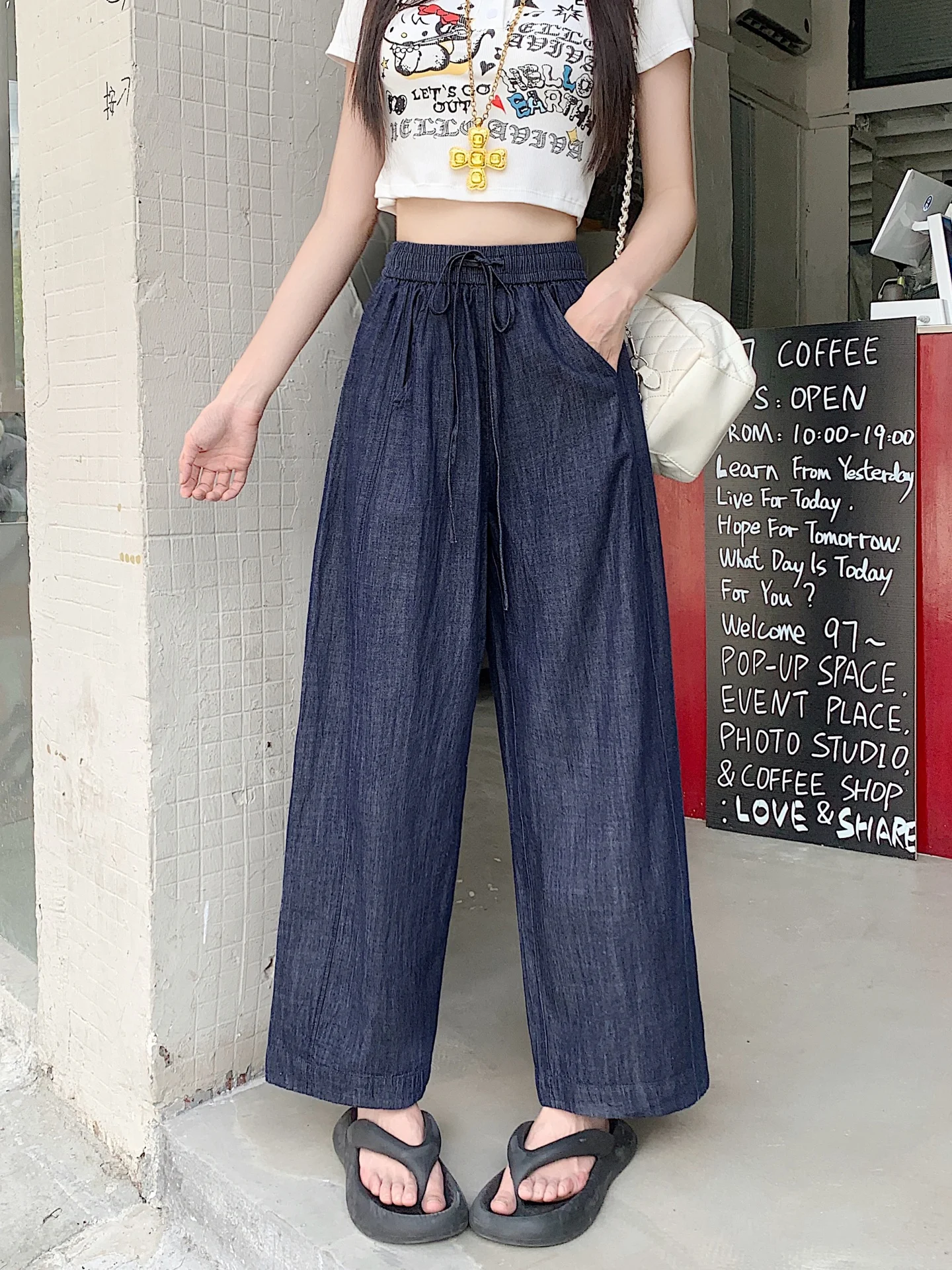 

plus Size Silk Thin Denim Jeans Women's Loose High Waist Slim Straight Leg Wide Leg Nine Point Pants Autumn New Sle Casual ...