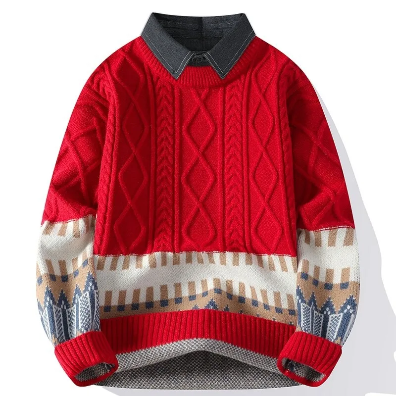 

Pullovers Men Print Knitted Tops Sweaters Turn Down Collar Full Sleeve Casual Loose Splice Knit Sweater Autumn Winter 2025