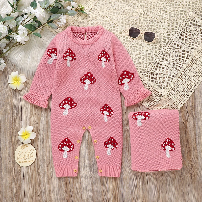 Newborn Baby Romper Blanket Knitted Infant Girl Clothes Set Long Sleeve Autumn Toddler Jumpsuit Quilt 2pcs Fashion Cute Mushroom