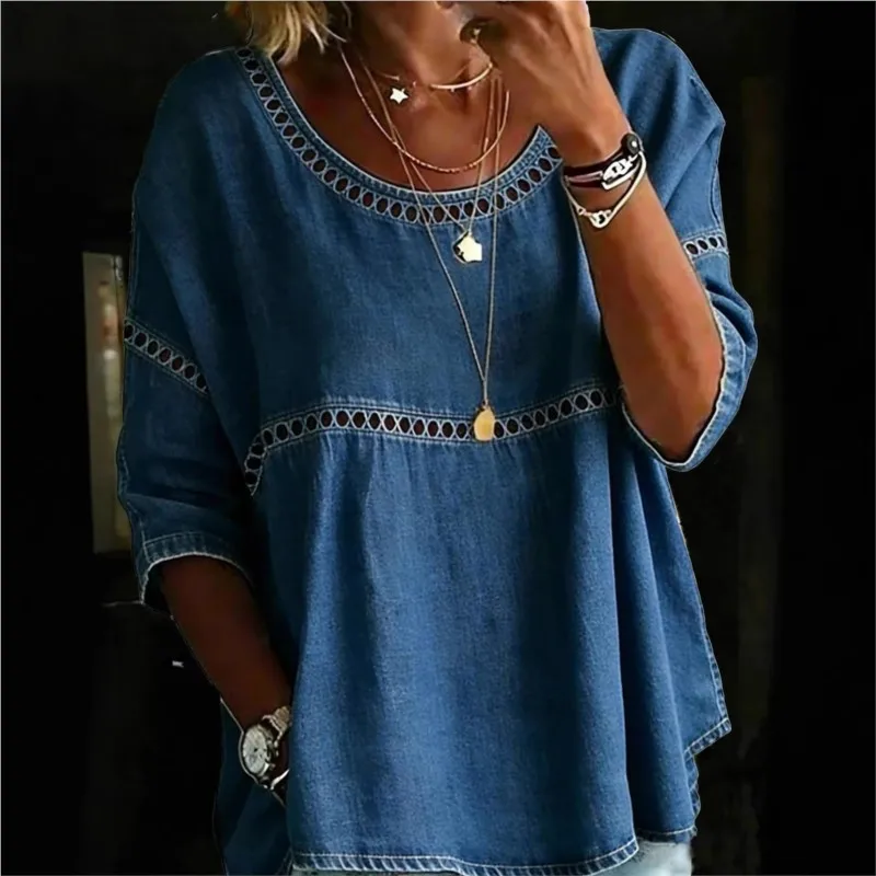 

New Fashion Hollow Out T-shirt 2026 Summer Splice Shirt Seven-quarter Sleeve Blouse Female Solid Color Casual Loose Pullover Top