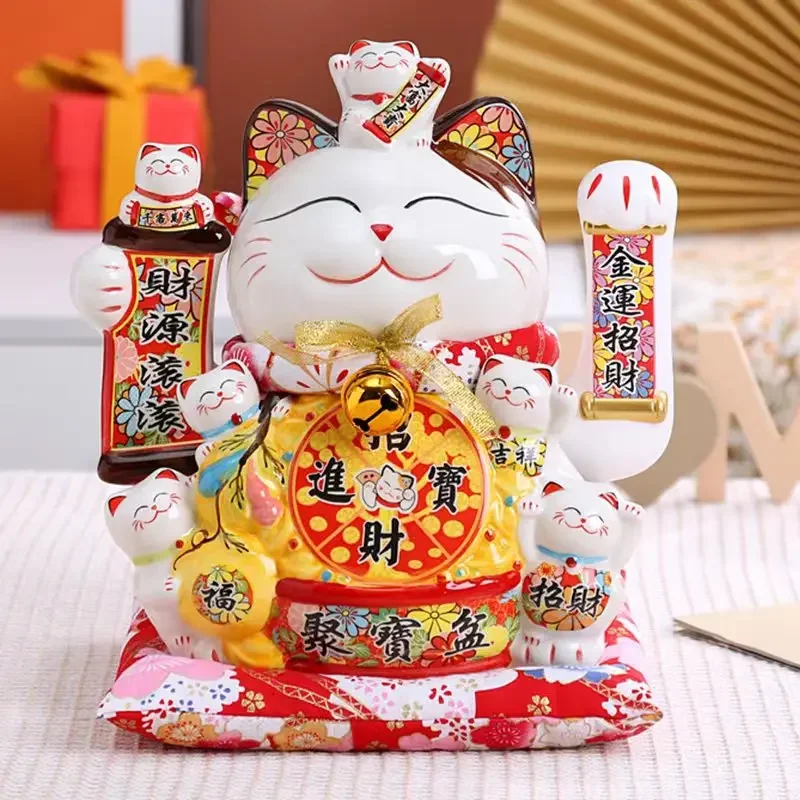 

Ceramic Lucky Cat Maneki Neko Waving Hand Cat Battery Powered Fortune Statue Gift Accessories Kawaii Home Room Cat Decoration