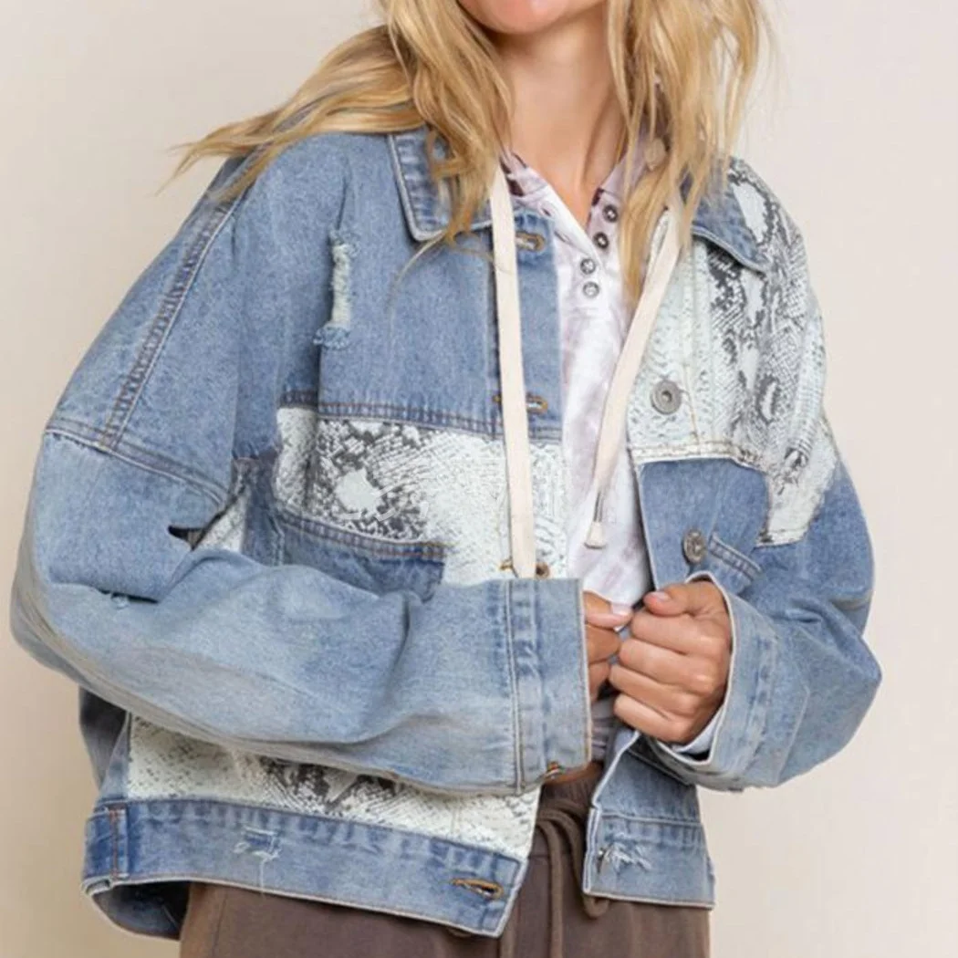 

Spring Autumn Women's Denim Jaet ort Splicing Worn Leopard Print Jaet Top Independent Station Cross-Border ort Coat
