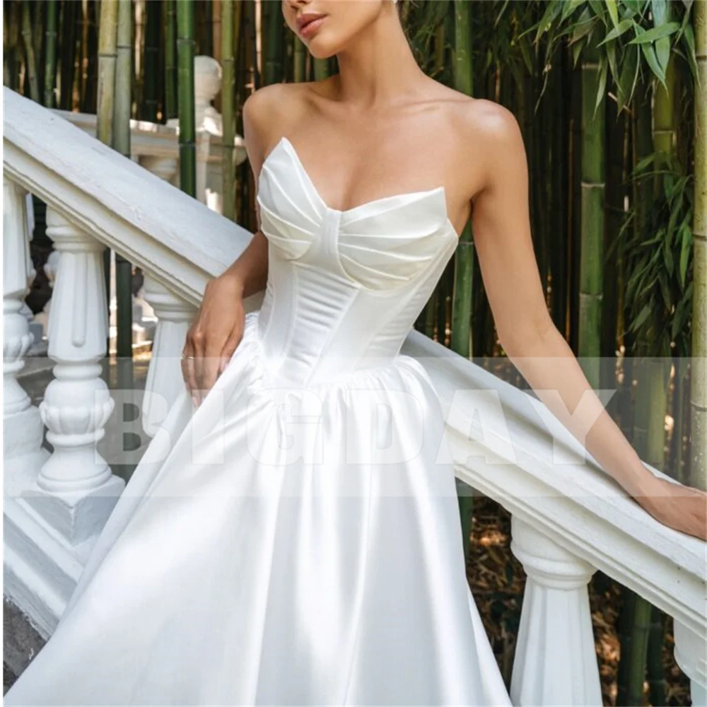 BIGDAY – robe De mariée trapèze plissée en Satin, col en v, sans manches, dos ouvert, à lacets, longueur thé, personnalisée