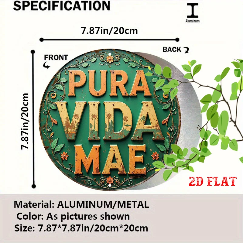 2D Flat Retro Metal Sign 2D Flat, 1pc Tropical Round Sign - Pura Vida Metal Wall Art, Vintage-Style Rustic Beach Theme Decor, 7.