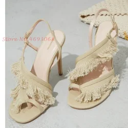 Beige Fringes Cloth Sandals For Women Open Toe Cross Strap Buckle Sandals Stiletto Heel Super High Heel Casual Home Dress Shoes