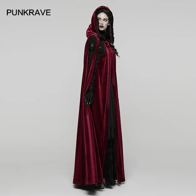 

PUNK RAVE Women's Goth Velvet Lace Hooded Cloak Hand-embroidered Tassel Appliques with Gothic Gemstones Party Long Coat 2 Colors