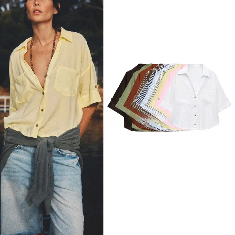 Spring New Women's Simple Patch ket Mixed V-ne ort Sve ort irt Top Faion Commute Sle Loose Fit UV Protection