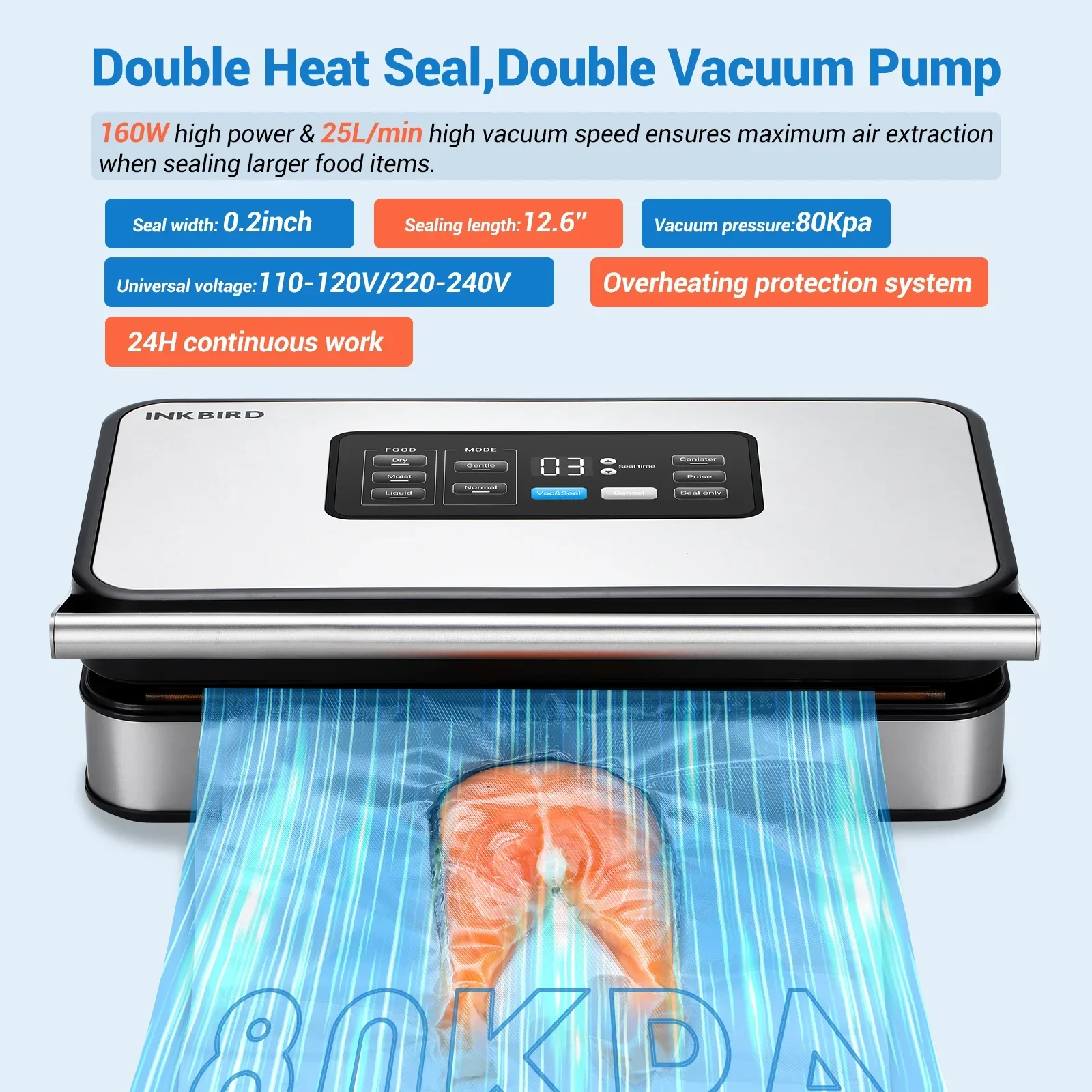 Best sell INKBIRD INK-VS04 Food Vacuum Sealer Machine Dual Motor Home Vegetable Fruit Meat Vacuum Sealer with 300ml Removabl