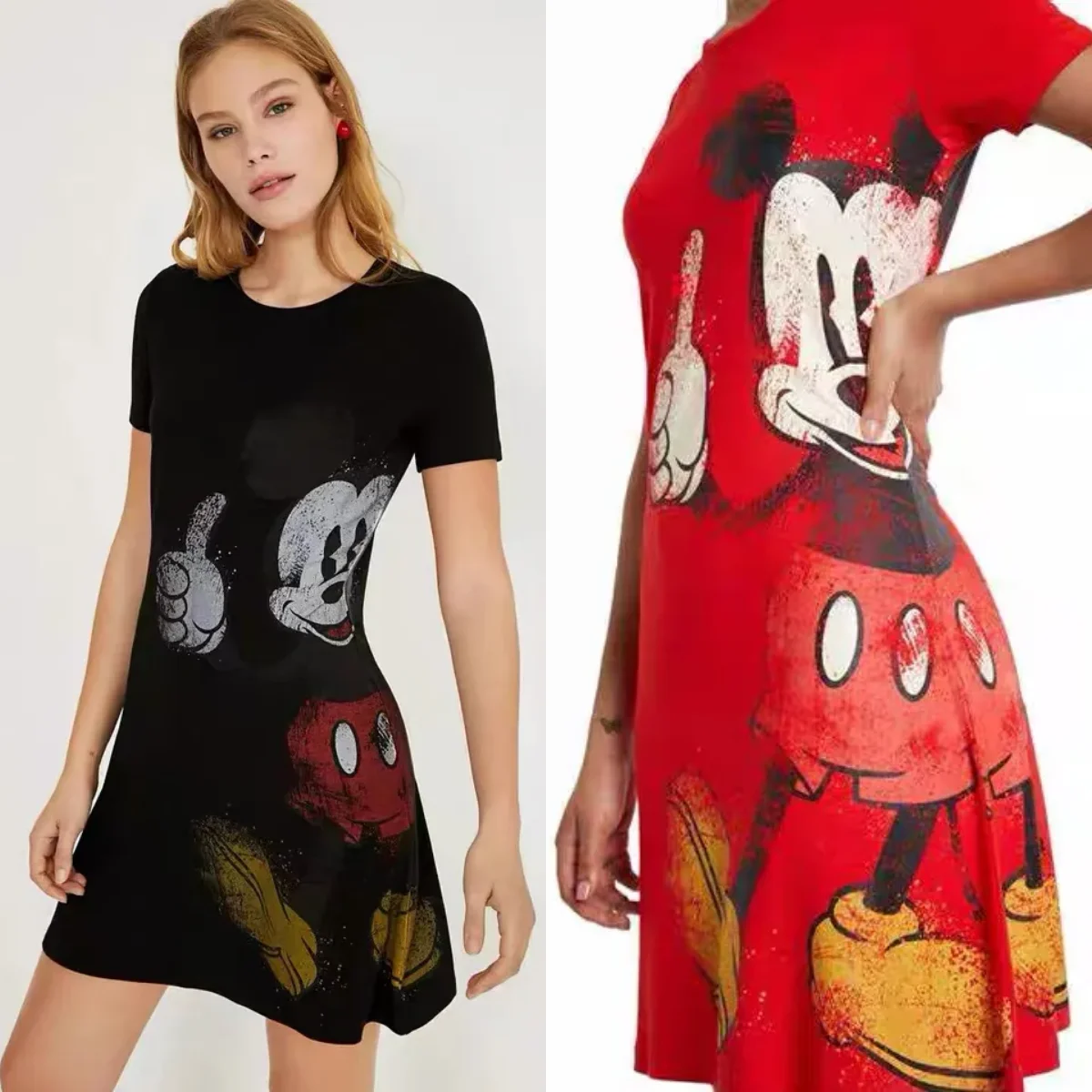 

Оригинальное одиночное женское платье в европейском, американском и испанском стиле с мультяшным принтом, юбка с короткими рукавами и эластичной резинкой на талии