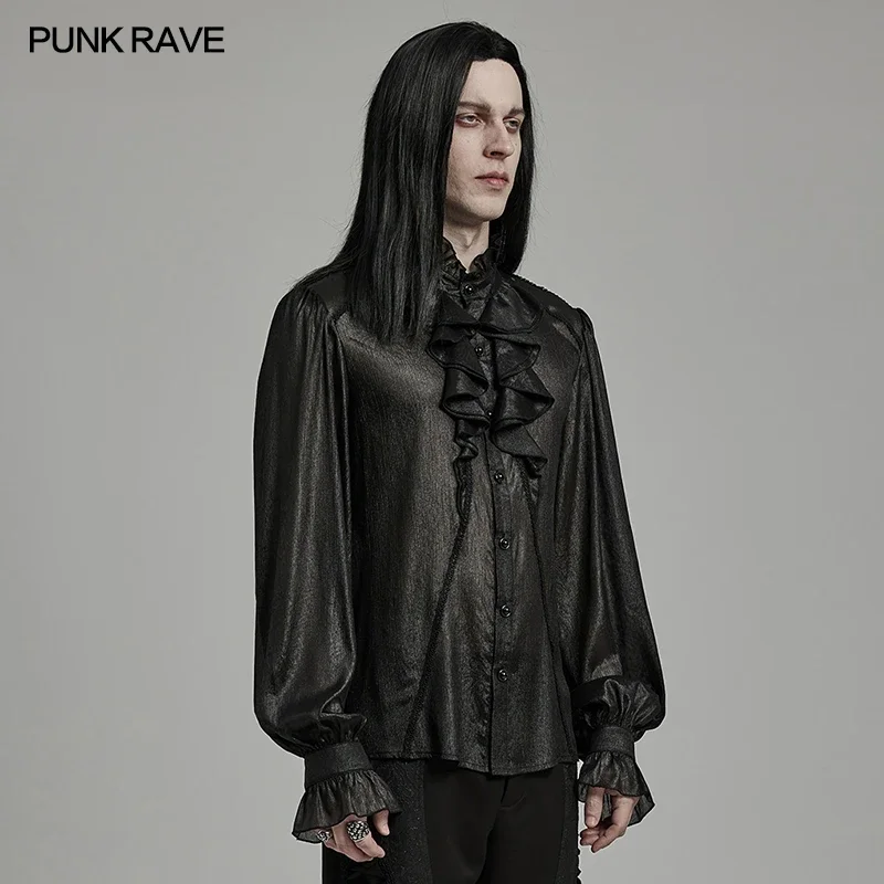 PUNK RAVE Men's Gothic Dark Print Sparkling Pleated Chiffon Gentleman Shirt Gorgeous Party Club Tops Designer Clothes Men