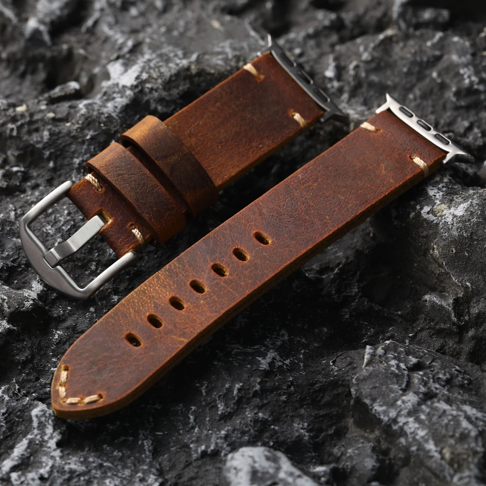 Handmade Top Layer Cowhide Strap Retro Style For iWatch Apple Watch Ultra 2 49MM 45MM 44MM 42MM Men Thickened Watch Chain Brown