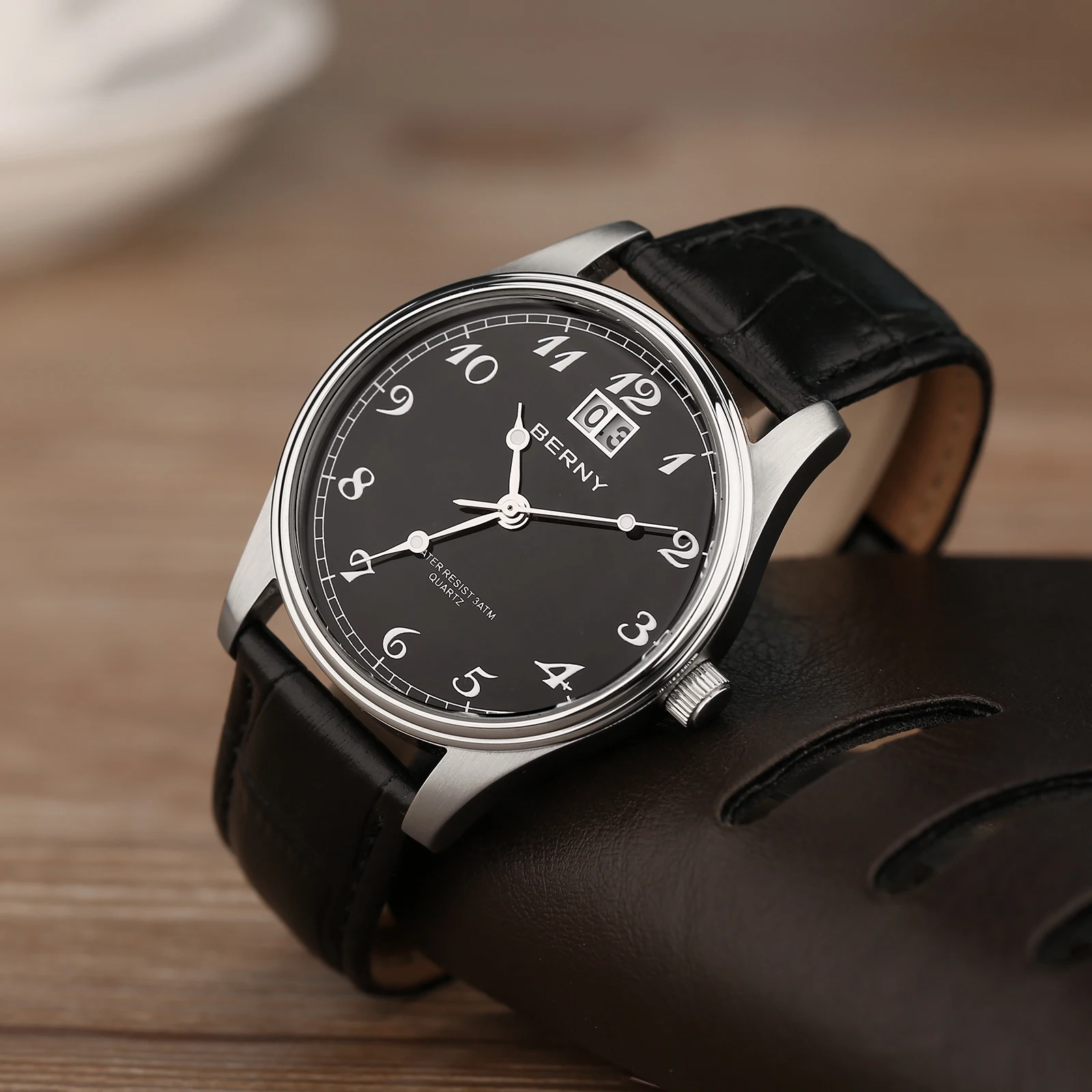 BERNY Men's Quartz Watch Classic Dress VJ76 Move Easy Read Analog Soft Leather 3ATM Waterproof Male Top Display Men Wristwatch