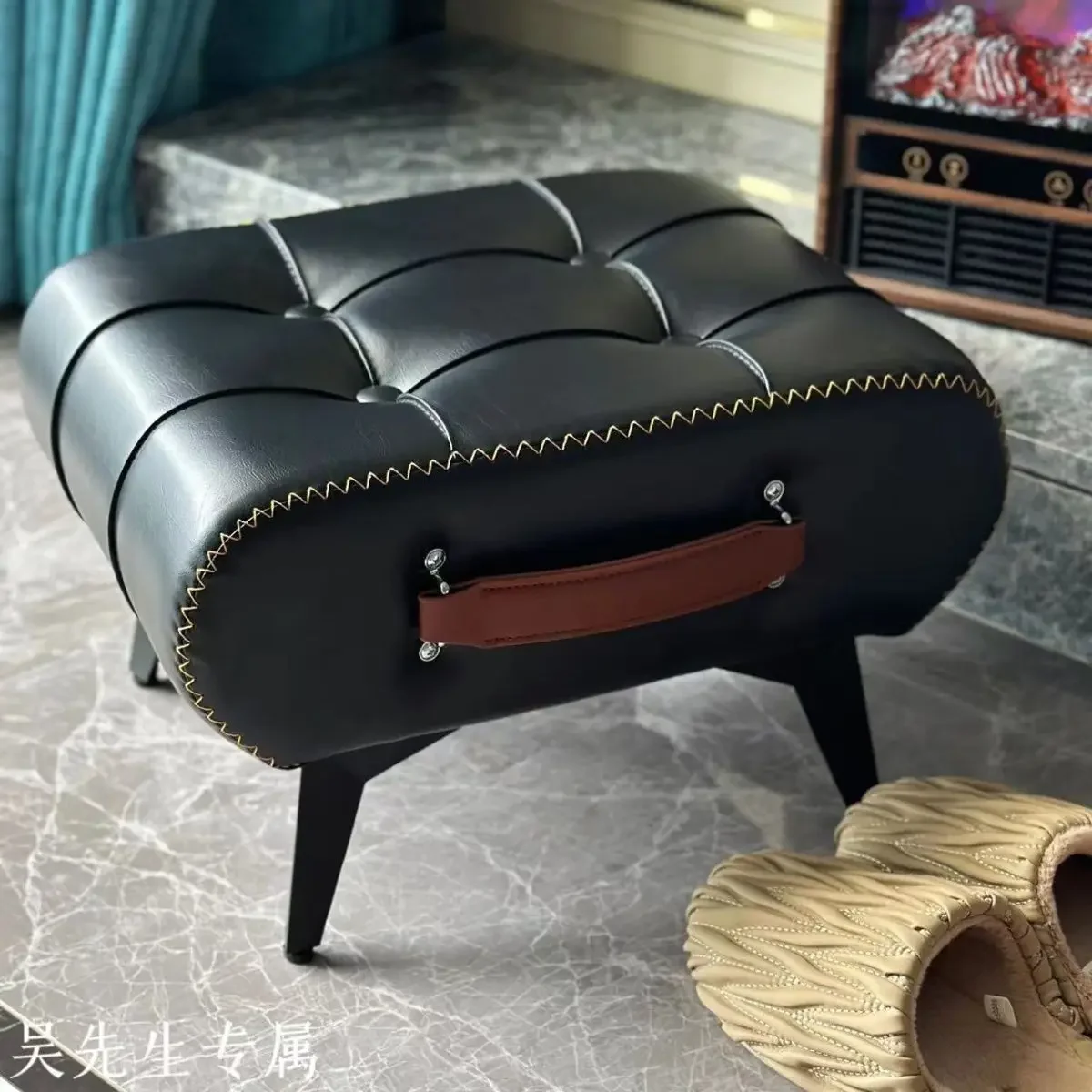 

Light Luxury Doorstep Shoe Changing Ottomans Living Room Coffee Table Low Soft Bag Small Stool Footrest Stools Oil Wax Leather