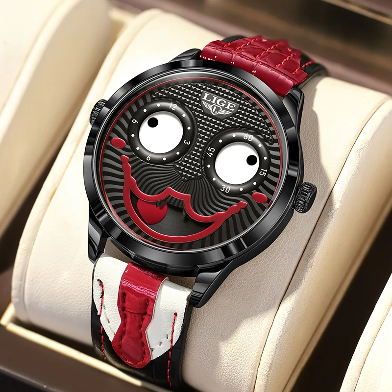 LIGE 2025 Creative Watches For Men Clown Fashion Quartz Wristwatches Waterproof Leather Strap Mens Watch Cool Joker Reloj Hombre