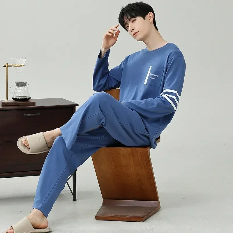 

Sets Neck Men's And Tops Print Sleepwear 2023 Korean Round Long For Pajamas Pyjamas New Sleeve Pants Nightgown Homewear