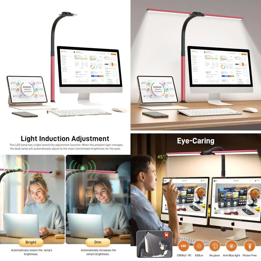 

Эргономичный настольный светильник со светодиодным зажимом, рабочая лампа с двойной головкой мощностью 24 Вт, регулируемая рабочая лампа с затемнением, гибкая гусиная шея для домашнего офиса и чтения