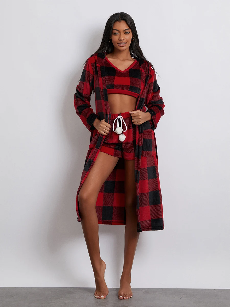 wsevypo Fall Winter Plaids 3 Piece Pajamas Sets Women’s Warm Loungewear Sleeveless Straps Crop Tank Tops+Shorts+Long Sleeve Robe