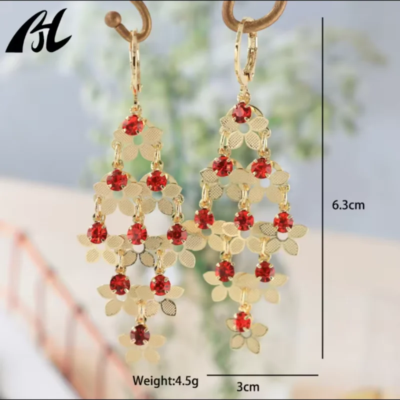 Hot Sale Exquisite Flower Ethnic Style Tassel Earrings Dangle Statement Colored Green Crystal Earring for Women Girl