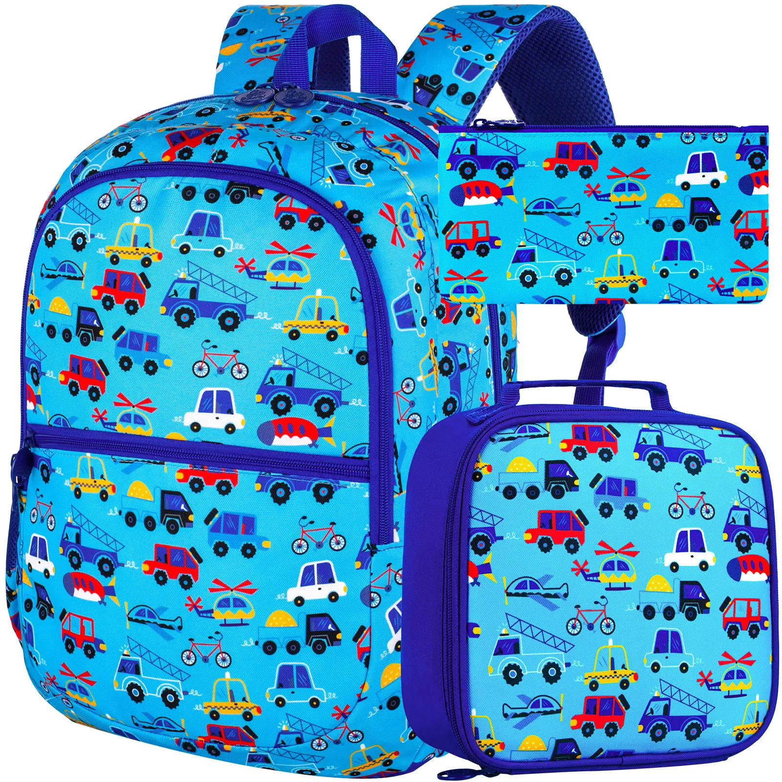 3Pcs Cars Backpack for boys, 16.5 Kids Backpacks Set for Elementary Preschool Kindergarten, School Bookbag with Lunch Box(Blue)