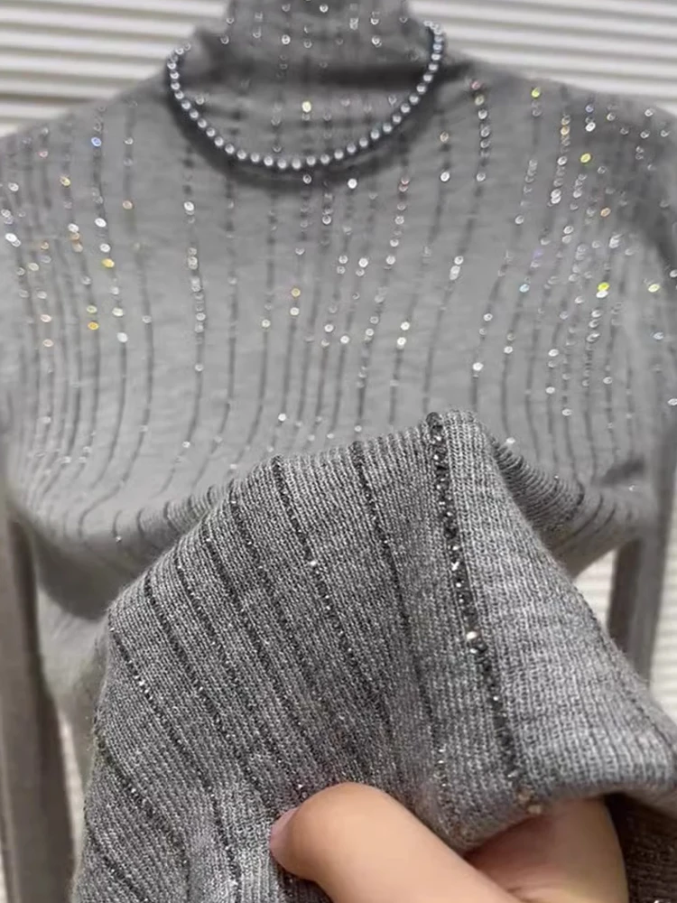 

Autumn Winter Luxury Bead Embellied High Ne Long Sve Comfortable Soft Knitted Base irt Inner Wear Skin-friendly Top