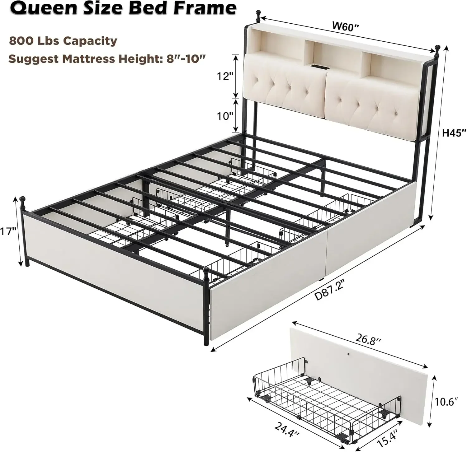 Queen Bed Frame with Storage Upholstered Headboard and 4 Drawers, Farmhouse Metal Platform Bed w/LED Lights & Charging Station