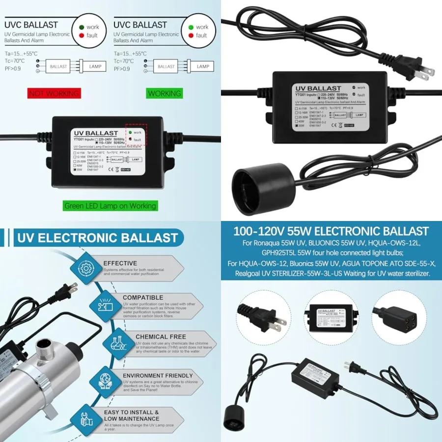 

100-120V 55W Electronic Ballast for 55W 12 GPM Ultraviolet UV Light Water with Four Prong Connection to Lamp and Green/Red Indi