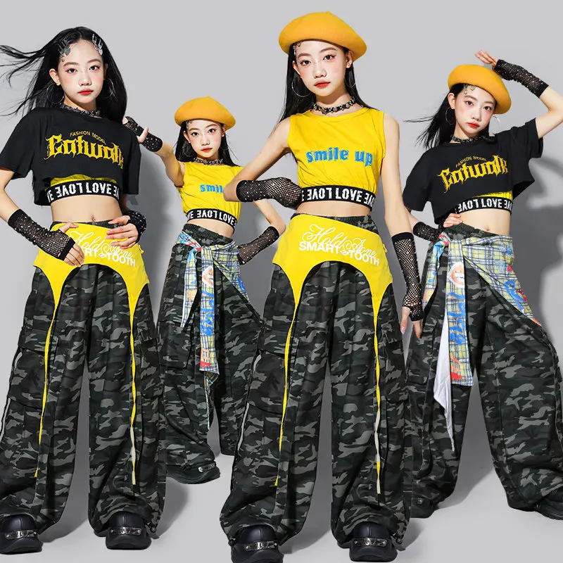 Girls K-pop Crop Tops Dance Camouflage Cargo Pants Kids Hip Hop Streetwear Costumes Children Jazz Girl Group Clothes Sets