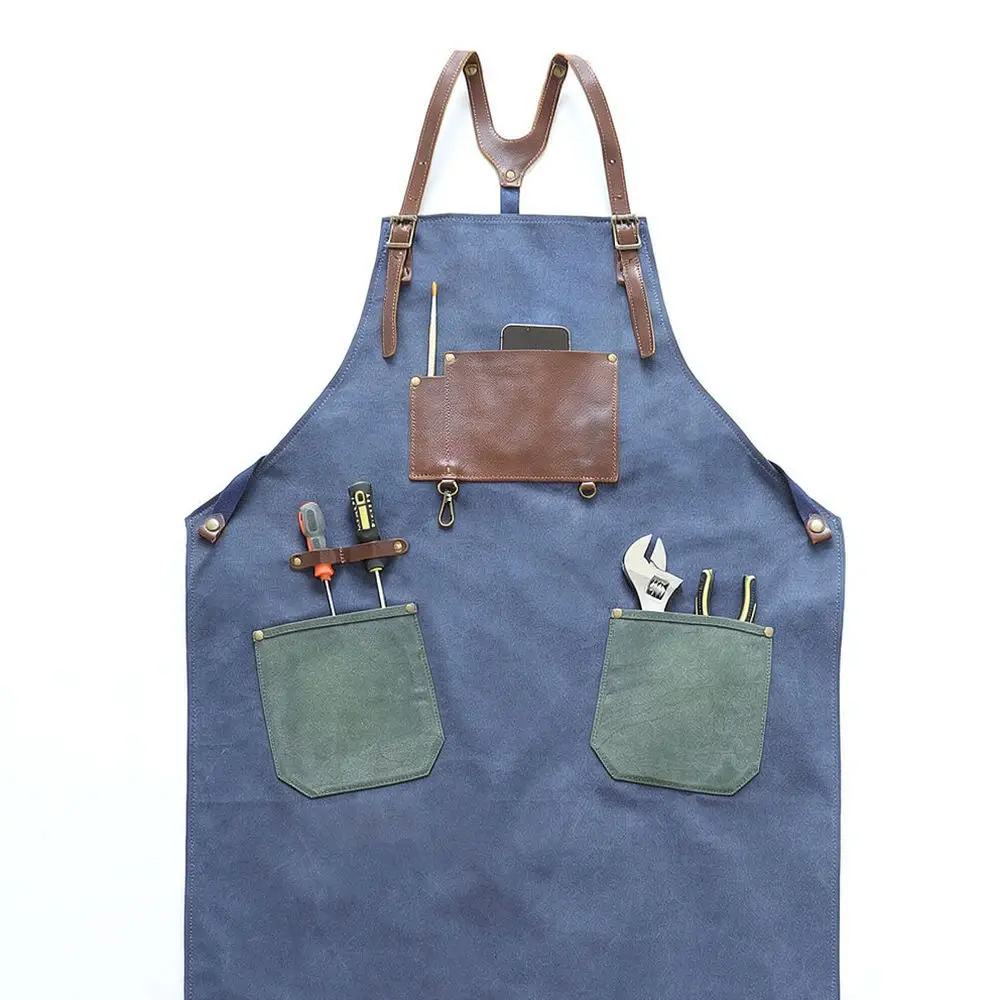 Modern Canvas Work Apron With PU Leather Pockets Protective Bib For Men Women Crafting Painting Repairing Cooking