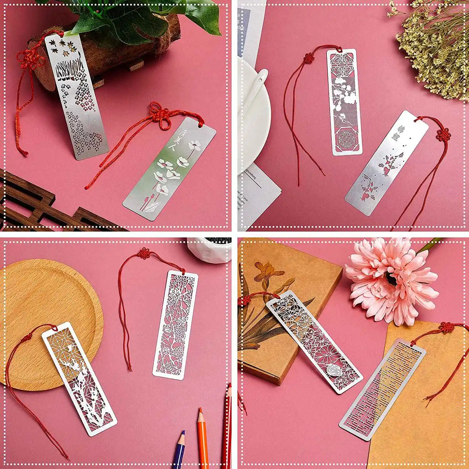 8 szt. Pustych metalowe zakładki do książek z czerwonym węzłem zestaw zakładek z serii motywów do czytania książki, 4.5x1,25 Cal