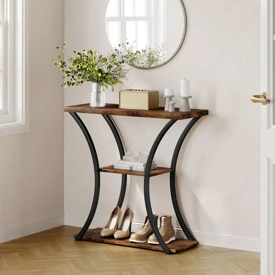 

3 Tier Console Table with Open Wood Shelves, Decorative Entryway Table with Curved Metal Frames, Narrow Sofa Table for Entrance