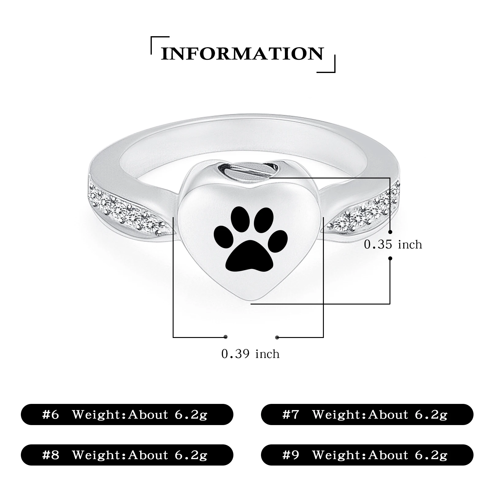 Cremation Ring for Ashes Engraved Paw Print Heart Urn Finger Ring Crystal Embellishment Stainless Steel Memorial Jewelry Gift