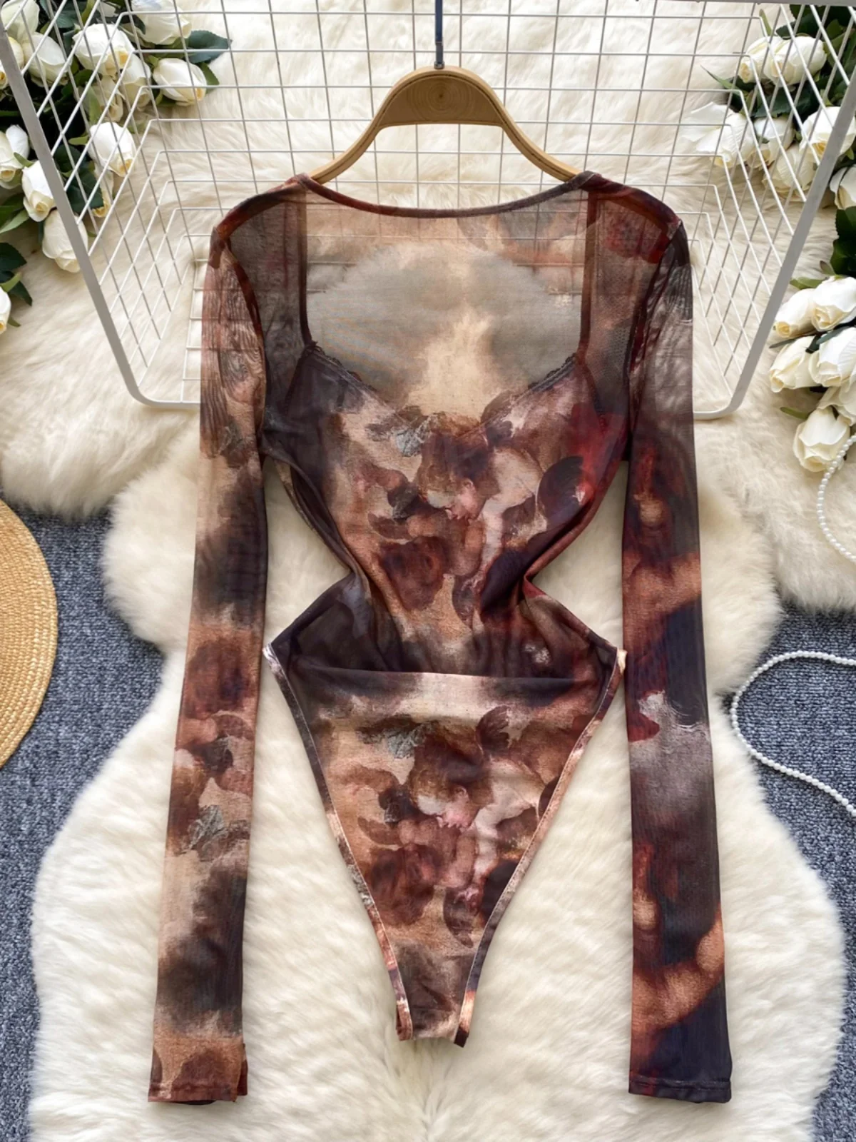 Sexy V-Ne Tie-Dye Long Sve Base irt Abbigliamento interno da donna Intimo Net Yoke Pant Vita alta Pantaloni ort Estate Online Ex...