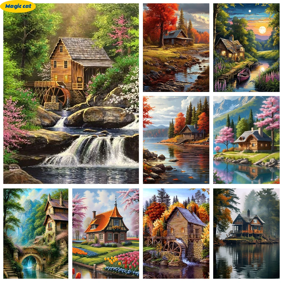 

Beautiful Wooden House 5D Diamond Painting Kit Stream Scenery Diy Diamond Embroidery Cross Stitch Rural Scenery Home Wall Decor