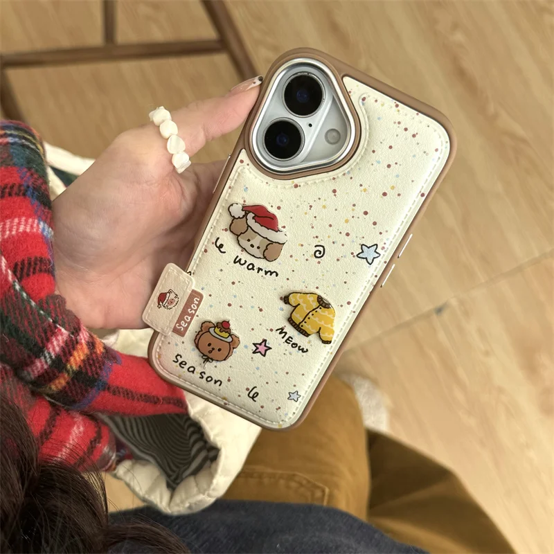 Cute silvery lambskin 3D cartoon case for iPhone 16 Pro 15 Pro 14 13 Pro Max Splash ink strap lanyard soft shockproof cover