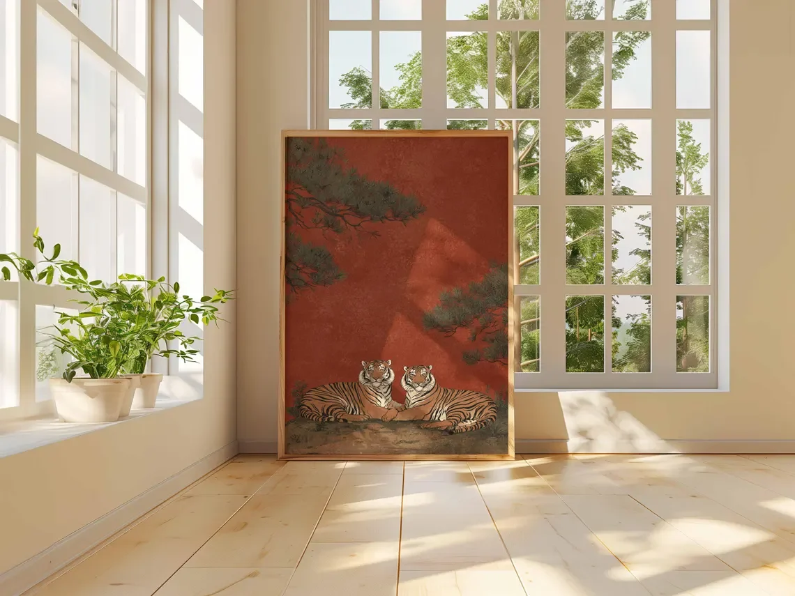 Japanese Tiger Poster, Vintage Wildlife Art Print, Red Oriental Wall Art, Traditional Woodblock Style, Zen Nature Home Decor