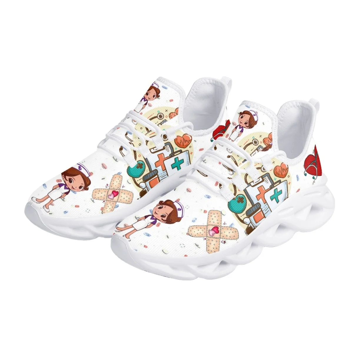 White Nursing Shoes for Women Cute Cartoon Nurse Women Sneakers Brand Design Doctor Medical Printed Light Lace-up Flats Zapatos