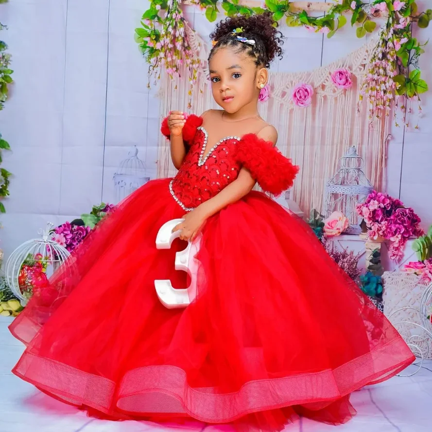 

Handmade Red Puffy Ball Gown Beaded Crystals Wedding Flower Girl Dress Prom Baby Girl Birthday Pageant Dresses Photography 1-14T