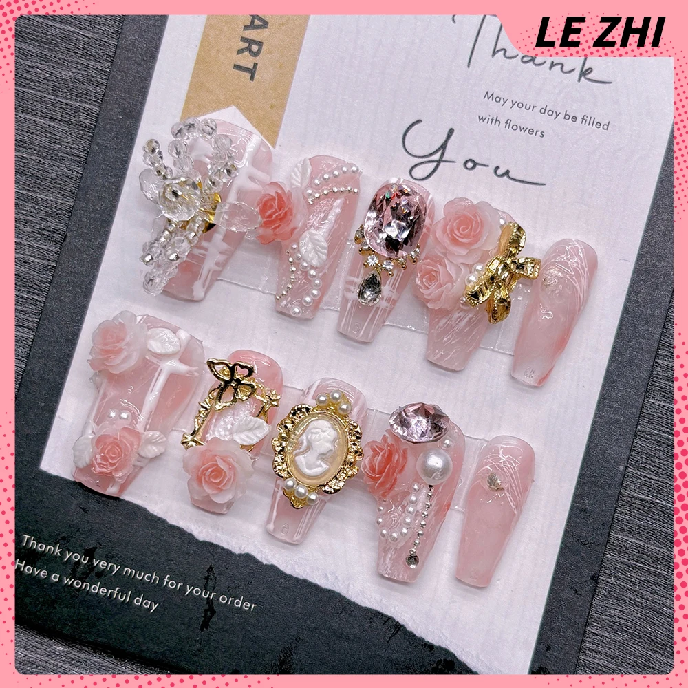 Handmade 3D Flower Nail Party Sticker Light Pink Lily Pearl Bowknot Press On Nail French Style Rhinestone Nail Party Sticker