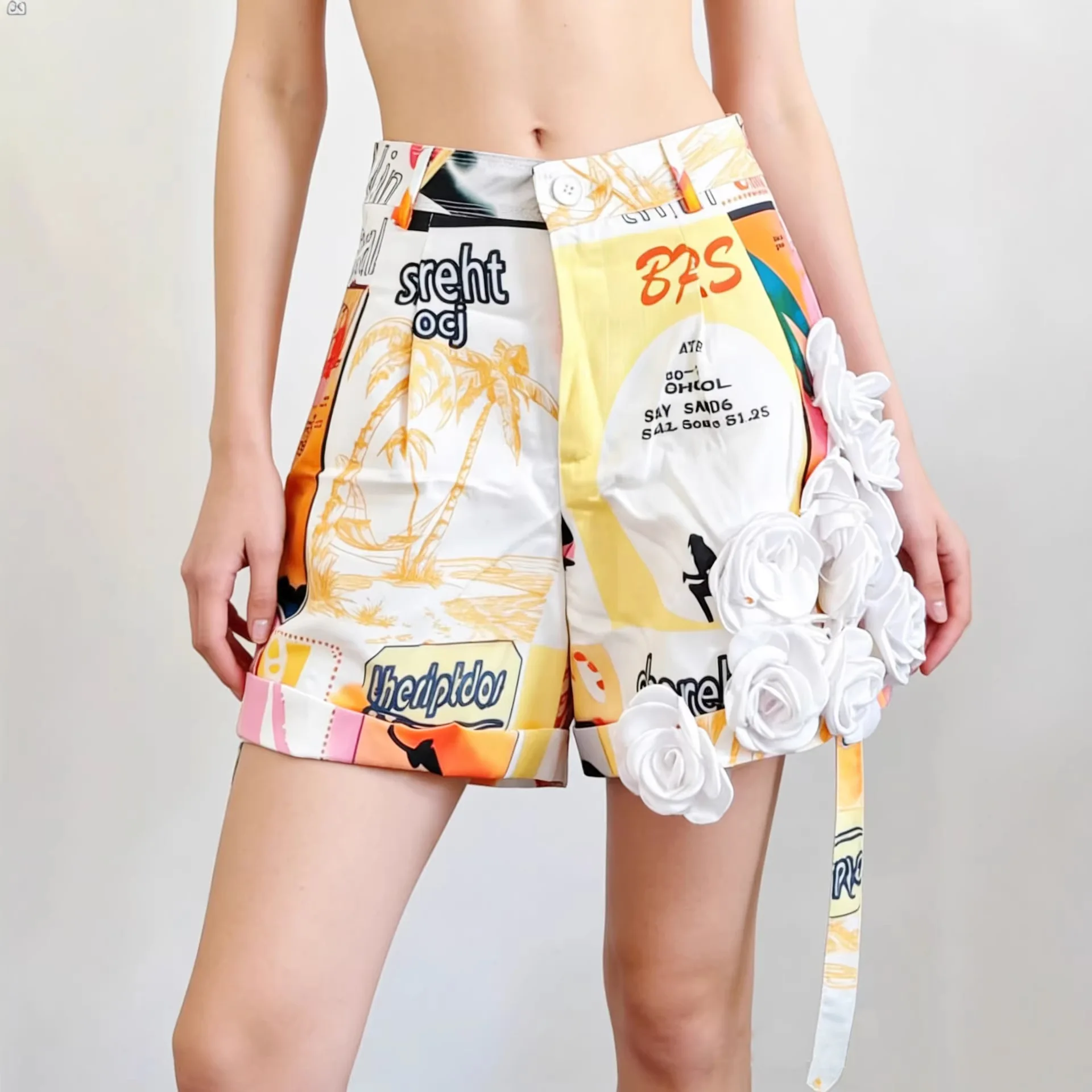 Graffiti Design Casual Shorts Women's Summer New 3D Floral Decoration Stretch Shorts Pants Street Casual Fashion Comfortable