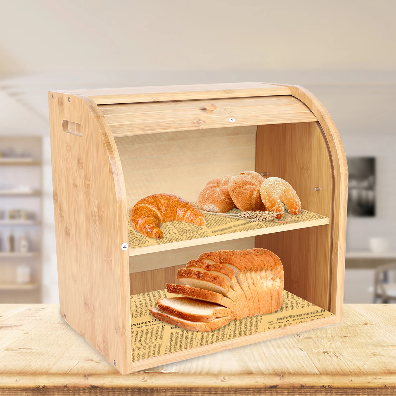 Wooden Bread Box Multi Use Bamboo Bread Storage Container Countertop Wooden Bread Food Organizer Dispenser Holder For Kitchen