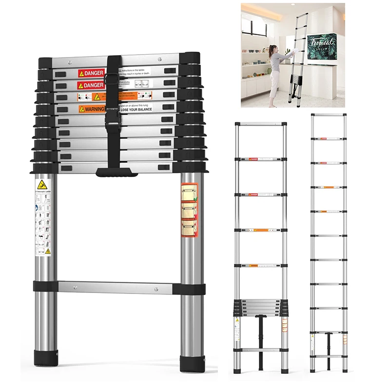 lucn Escalera Extensible Acero Inoxidable 150kg, Escalera Telescópica Plegable Portátil Multiusos Robusta para Ático/Techo, Escalera Recta de Acero, Escalera Industrial