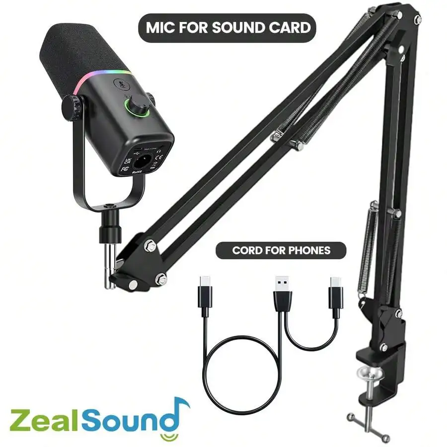 Zealsound XLR/USB Gaming Podcast Microphone With Boom Arm Stand, Mobile Computer Gaming Microphone With RGB Lights, Mute Button,