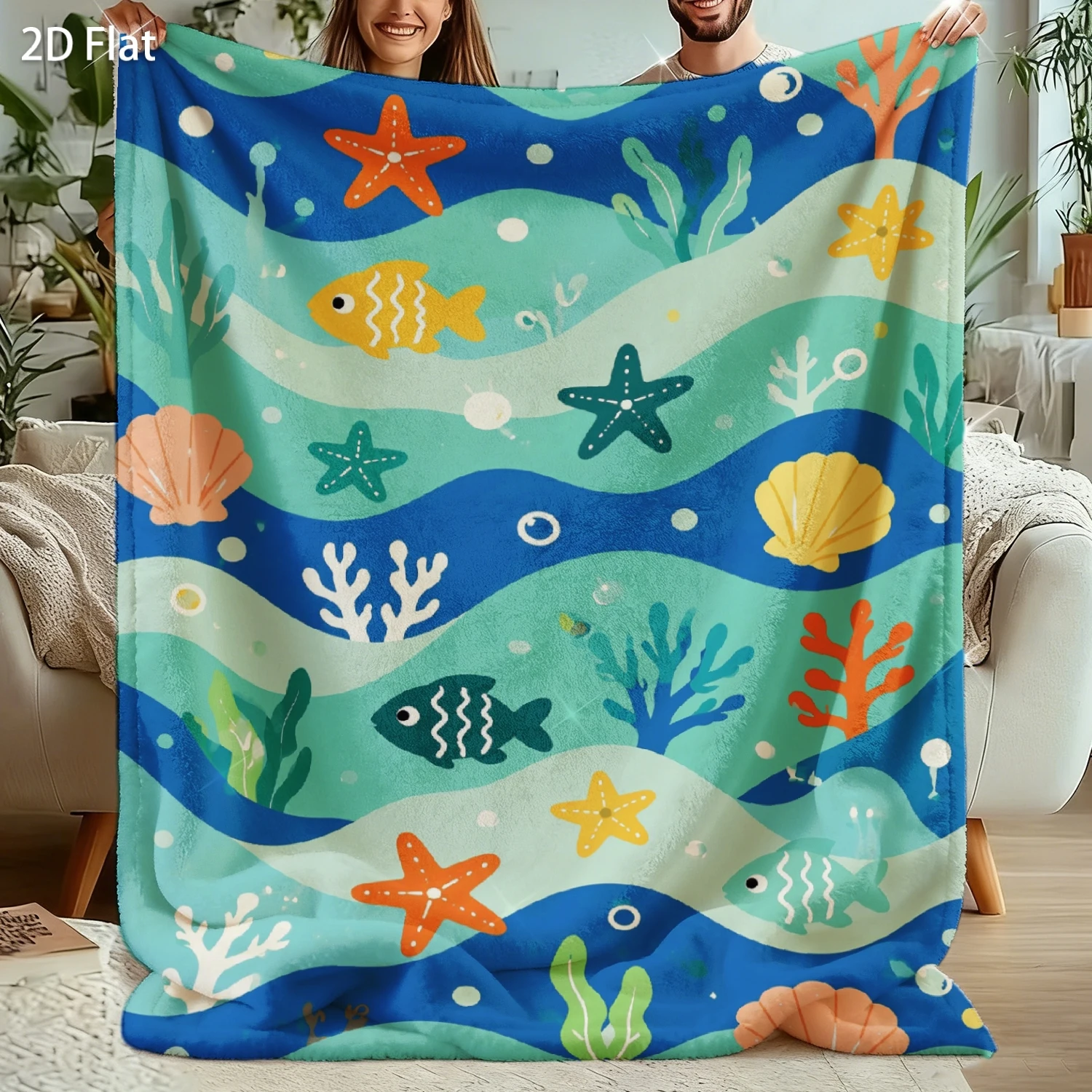 Adorable Ocean Theme Coastal Beach Throw Blanket Polyester Fleece Throw for Couch Home Decor Nautical Sea Life Starfish Gift Coz