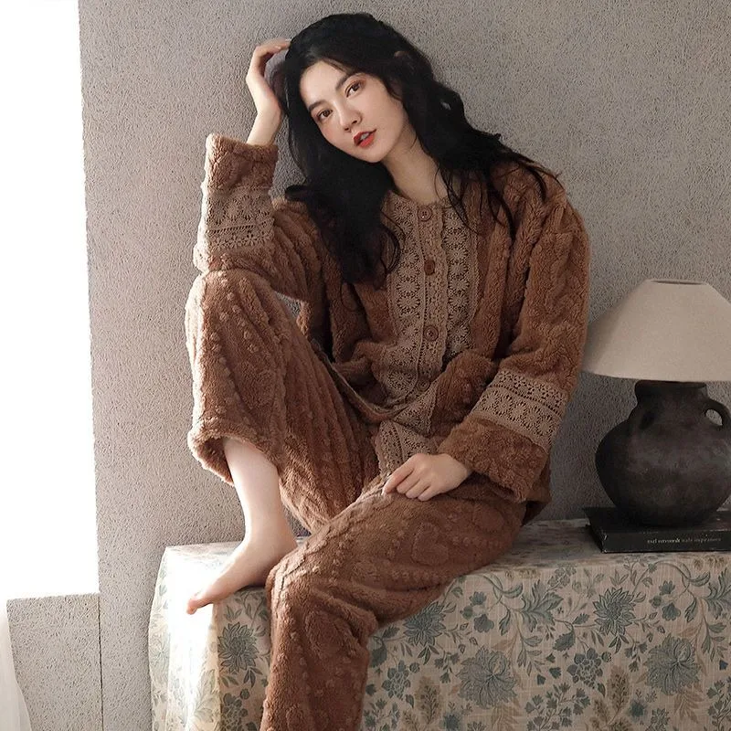 Elegant Mom Winter Thick Coral Fleece Pajama Set Lace Splicing Warm Flannel Women Loungewear Two Pieces