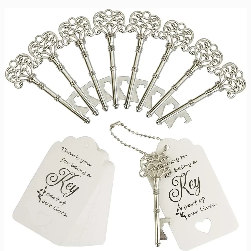 50PCS Wedding Favors Bottle Opener,Wedding Gifts for Guest Vintage Skeleton Key Opener,Key Openers with Tag Cards and Chains