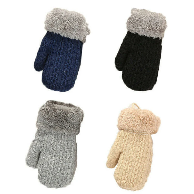 Winter Warm Gloves For Children Double-layer Hanging Neck Full Finger Gloves Winter Thick Knitted Mittens Outdoor Sport Gloves