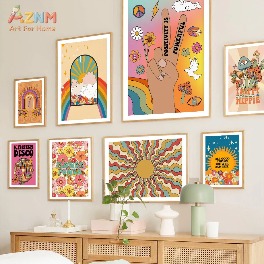 AZNM Retro 70s Groovy Canvas Wall Art Rainbow Butterfly Floral Hippie Positive Quote Vintage Boho Living Room Unframed Canvas Po